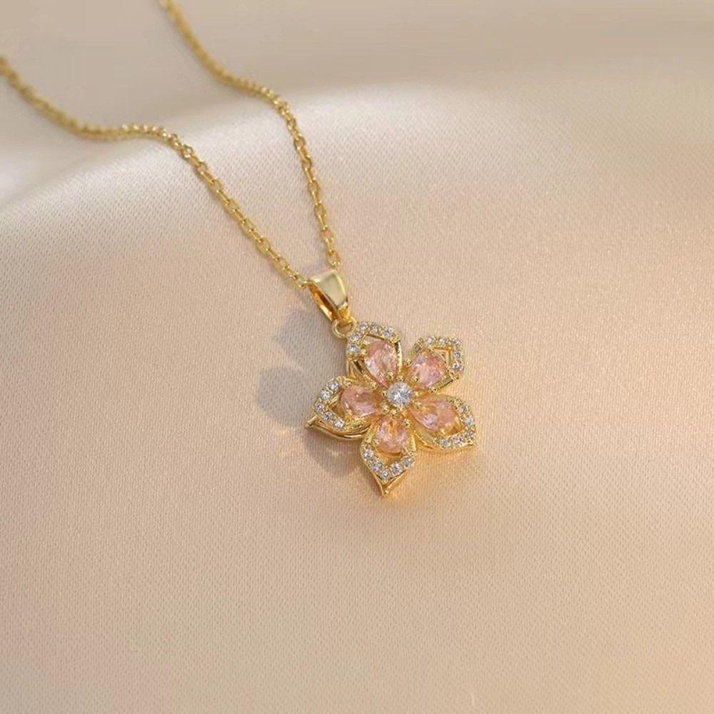 Shiny Zircon Pendant Necklace Crystal Petal Gold Necklace Gifts Rotatable Flowers Choker Wedding