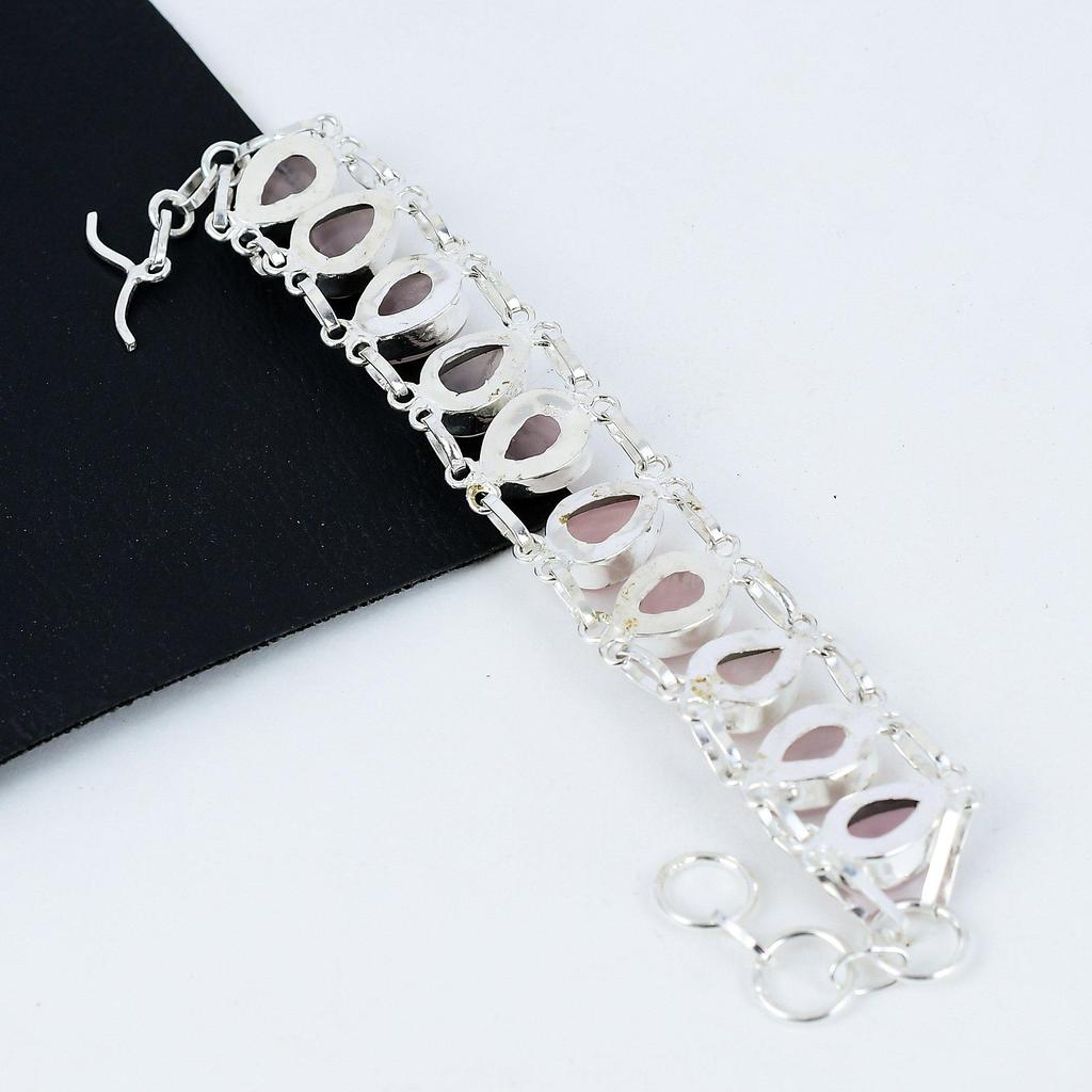 Natural Rose Quartz Gemstone Handmade 925 Sterling Silver Bracelet, Rose Quartz Bracelet For Wife , Unisex Bracelet, Gift For Mom