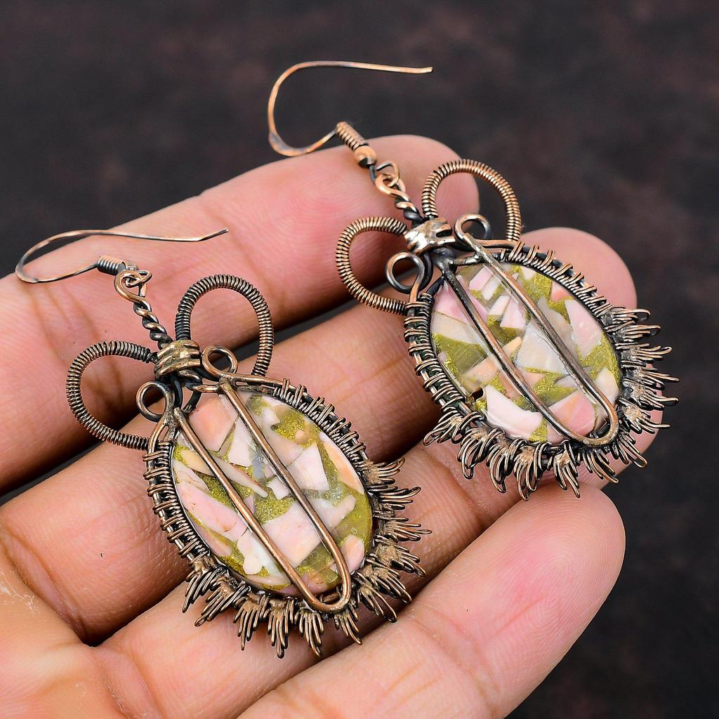 Медные серьги с розовым опалом Серьги из медной проволоки Серьги с розовым опалом Ювелирные изделия Серьги с драгоценными камнями Серьги ручной работы Изящные медные украшения Подарок для нее