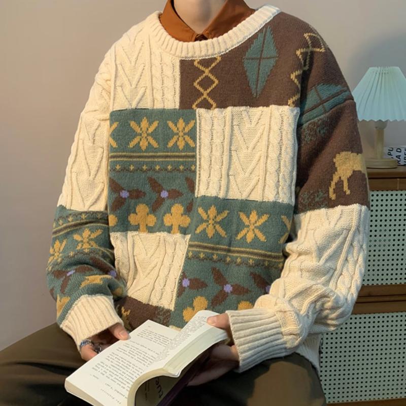 Sweater Men's Winter Thickened Lazy Base Knit Retro Stitched Warm Loose Thread Jacket