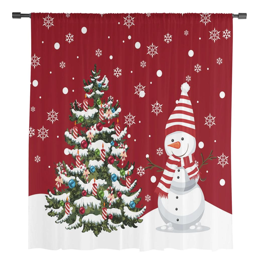 Snowman Christmas Tree Snowflake Red Sheer Curtains for Living Room Decoration Window Curtains Kitchen Tulle Voile Curtains