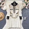 Autumn Women O Neck Long Sleeves Buttons Chain Pockets Knitted Sweater Dress Elegant Skinny Sheath Bodycon Dresses