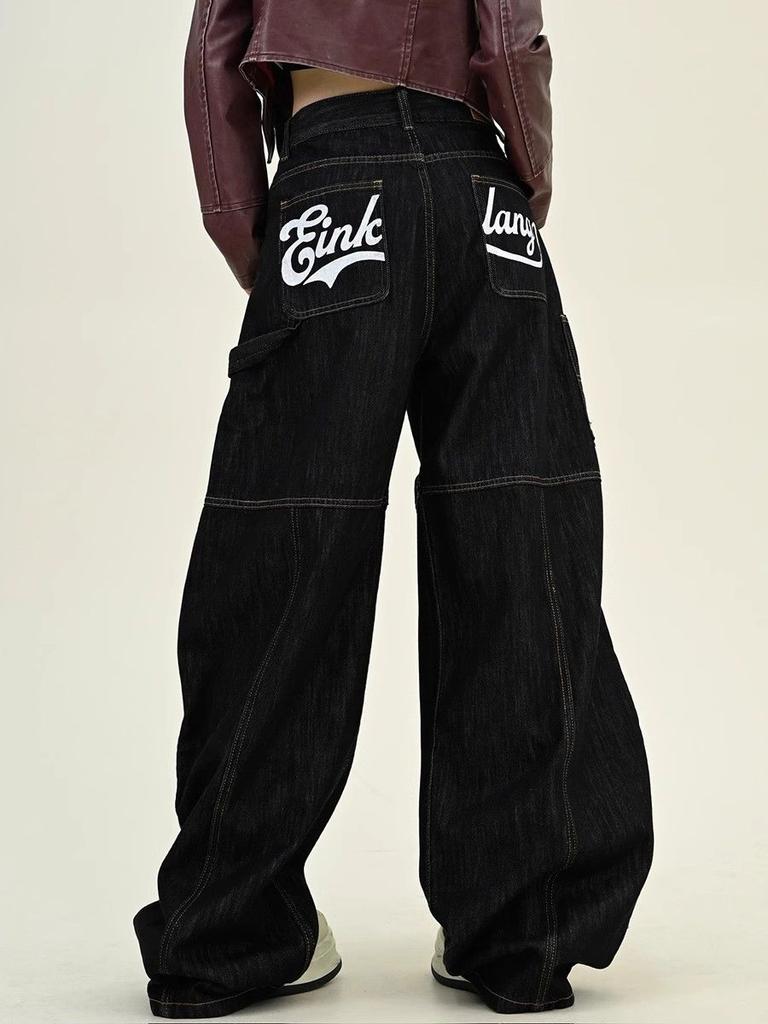 KOSY Y2K Ретро Вареные Джинсы Мешковатые с Принтом Букв Женские Американская Уличная Одежда Готика Харадзюку Брюки с Широкими Штанинами Парные Повседневные Джинсовые Брюки