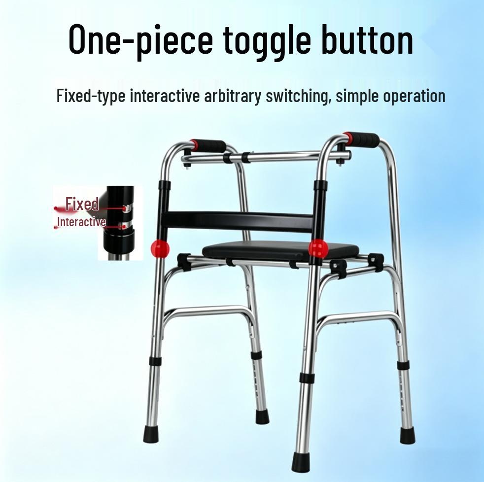 Height-Adjustable Foldable Stainless Steel Walker with Seat for Seniors