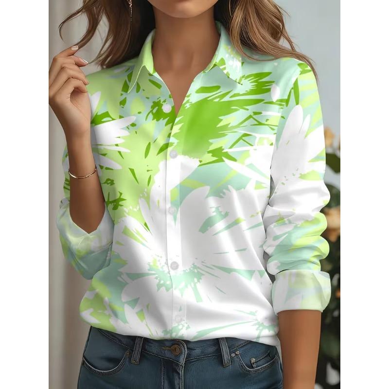Women's Shirts Gradient Print Blouse Lapel Neck Blouse Women Long Sleeve Bohemian Vacation Shirts Womens Clothes Female Clothing