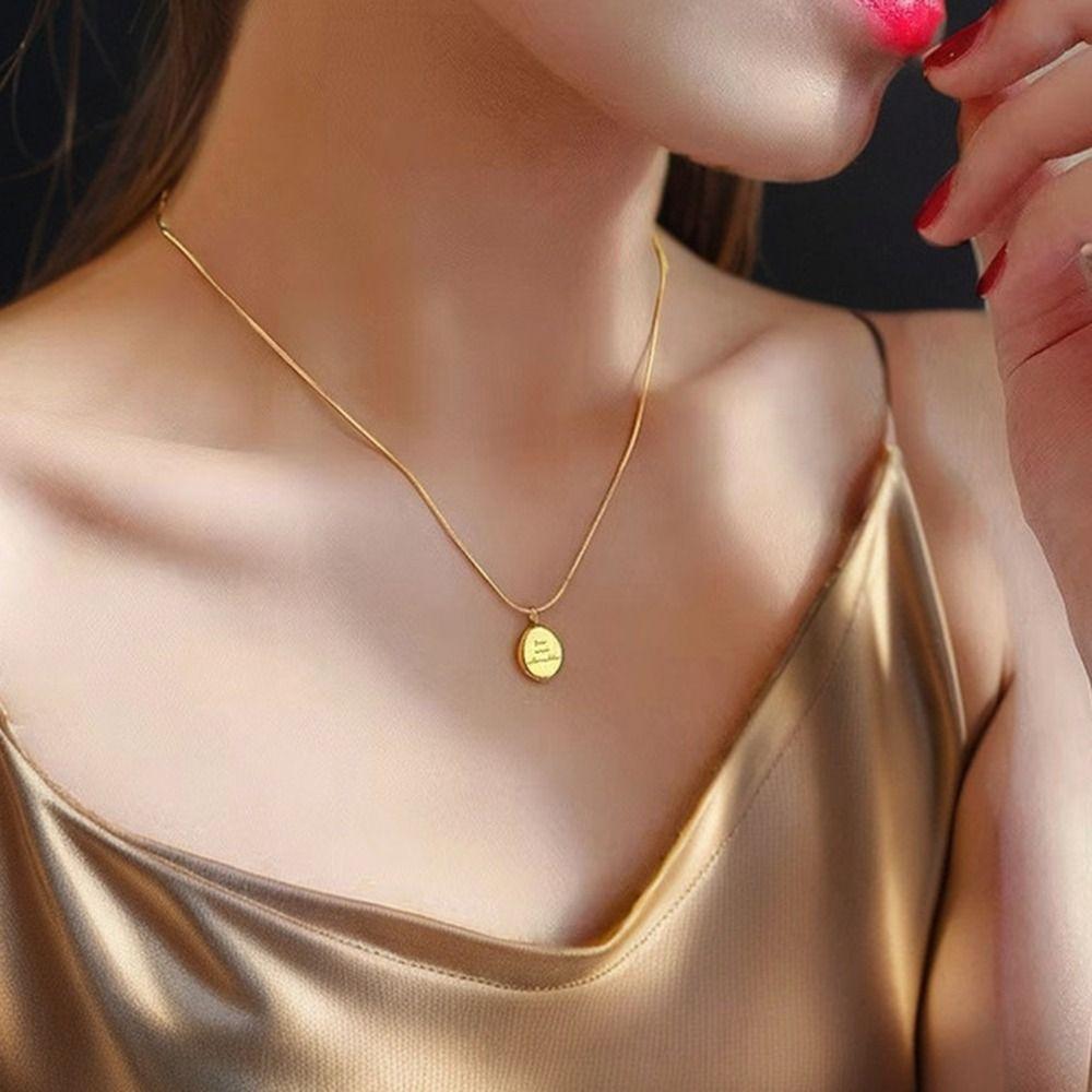 Fashion Small Round Pendant Necklaces Titanium Steel Clavicle Chain Choker Letter Necklace  Girls