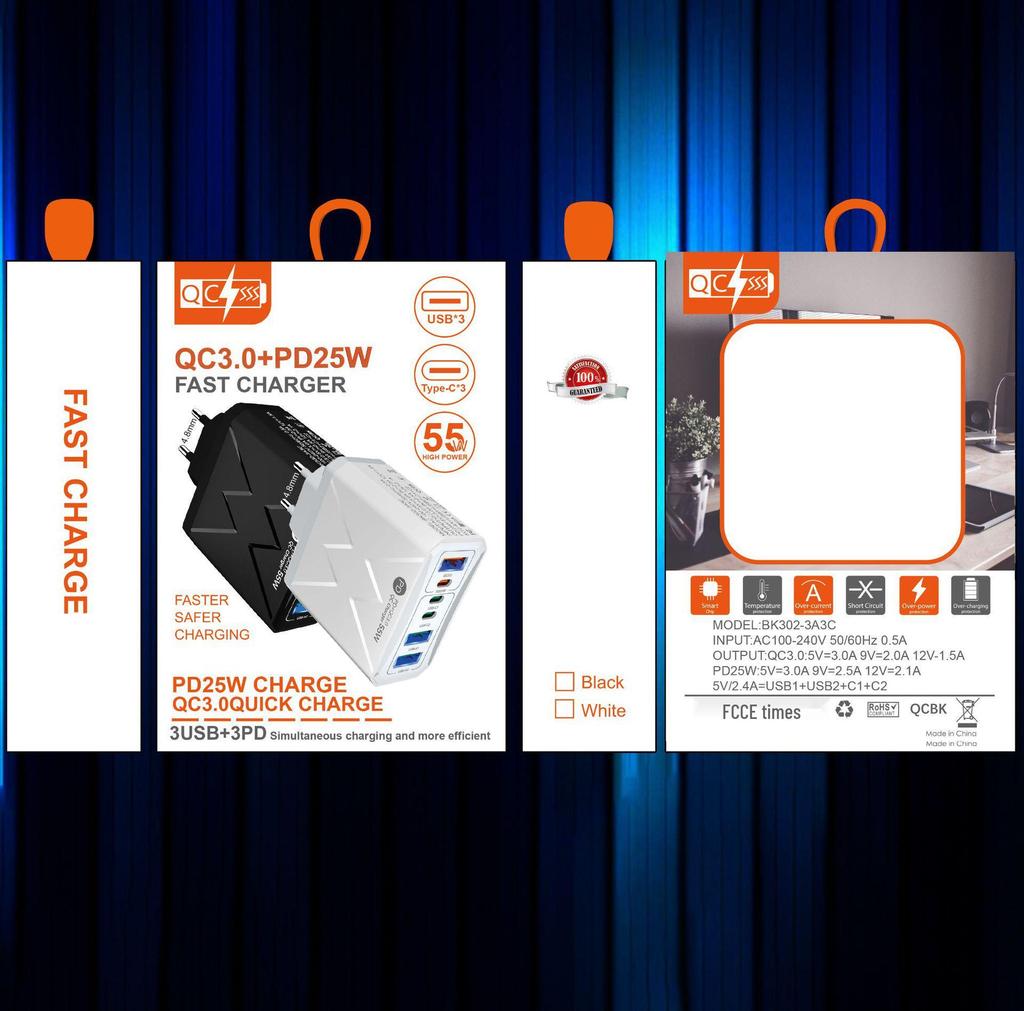 Быстрое зарядное устройство PD 25 Вт на 6 портов: 3 USB, 3 PD 55 Вт с QC3.0 – Штекеры EU, UK, AU