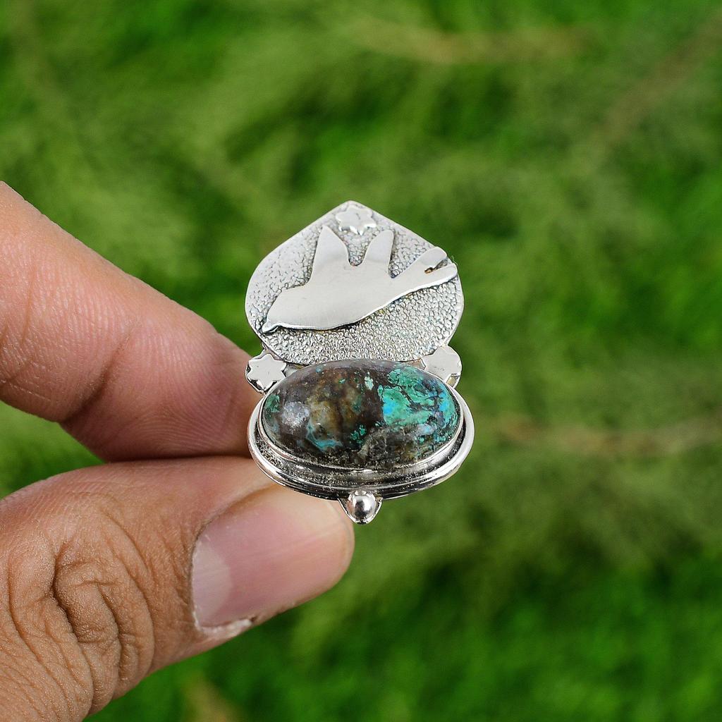 Natural Chrysocolla Gemstone Stackable Bird Adjustable Ring 925 Sterling Silver