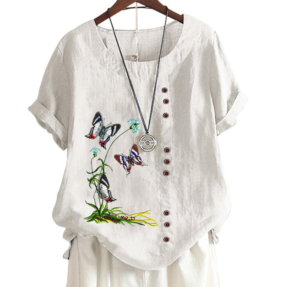 Women's Cotton Casual Top with 6 Butterfly Plant Print Patterns, Round Neck, Short Sleeves