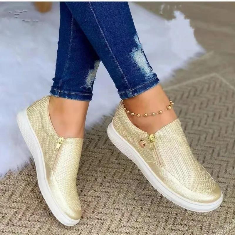 Women Shoes 2024 Fashion Round Toe Flats Loafers Female Slip On Zipper Casual Shoes Autumn Fashion Female Moccasins Plus Size 43