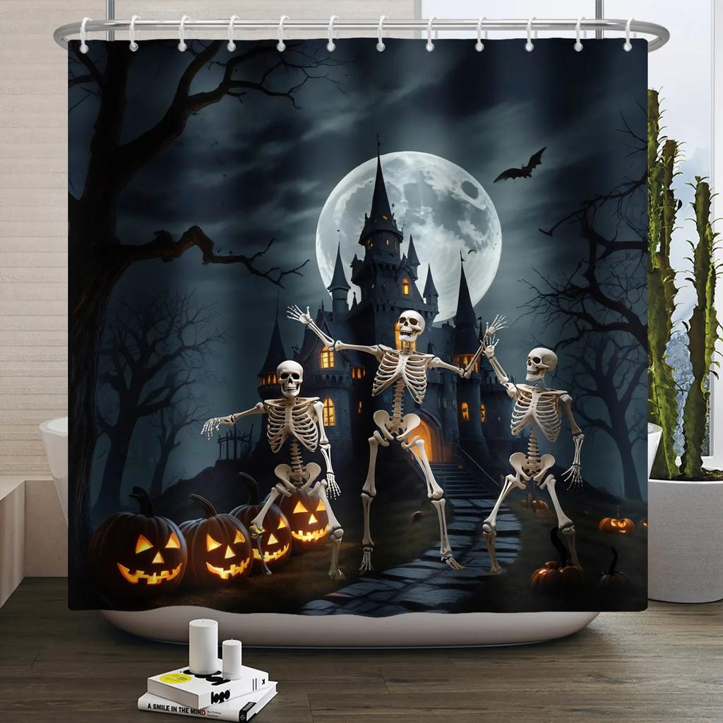 Хэллоуин Занавеска для душа Ужас Лунная ночь Тыква Череп Скелет Страшный Замок Ведьма Призрак Кладбище Водонепроницаемые Занавески для ванной