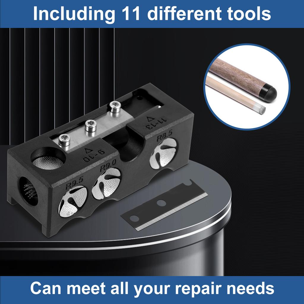 Billiard Cue Tip Shaper Professional 11 in 1 Pool Cue Tip Repairer Aluminum Alloy Billiard Stick Tip Repair Tool with Wrench