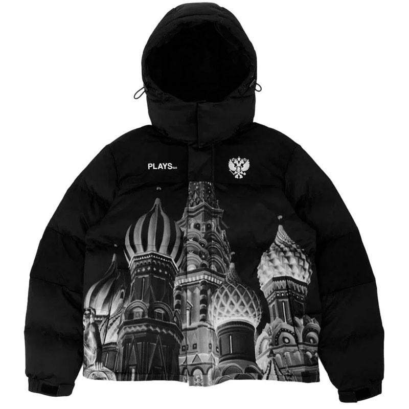 American Street Style Blood Handprint Print Hooded Puffer Jacket Unisex Winter Thick Loose Couple Coat Y2K
