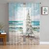 Beach Christmas Tree Oil Painting Window Tulle Curtains For Living Room Kitchen Christmas Home Decor Sheer Voile Curtains