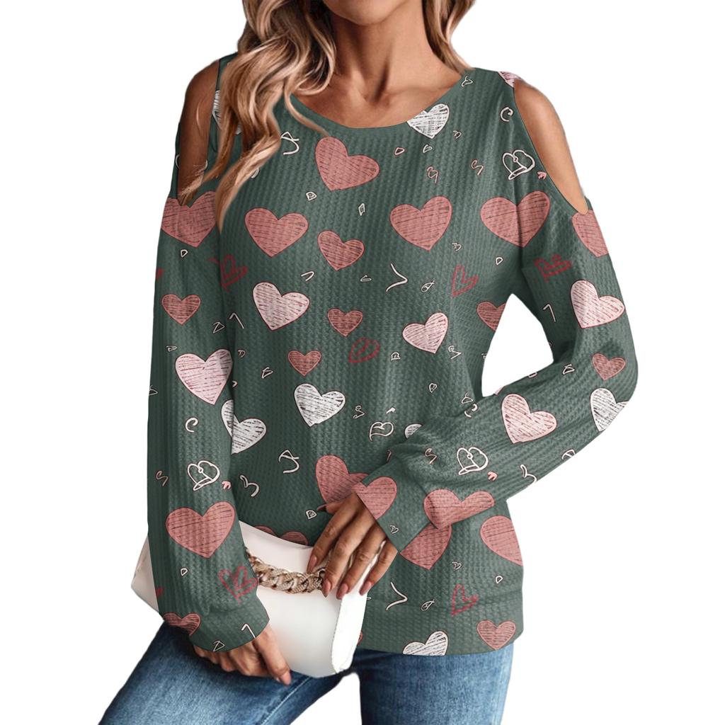 Women's Winter Oversized T-Shirt Fashionable Off-the-Shoulder Round Neck Vintage Floral Print Pullover Long-Sleeved Top