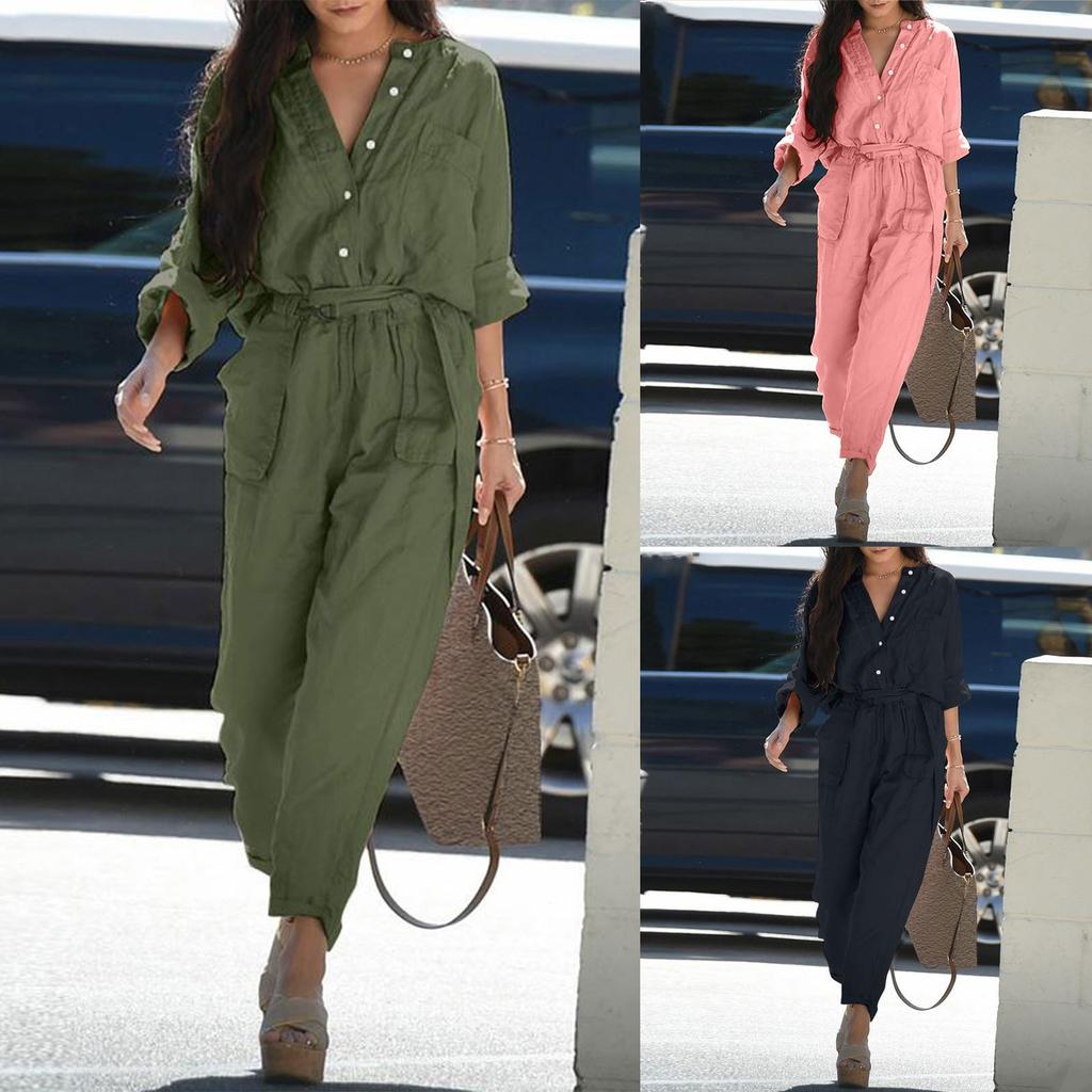 Women's Fashion Retro Casual Loose Solid Color Cotton Linen Lapel Belt Cargo Jumpsuit