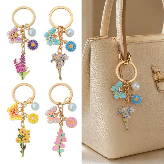 Pastoral Style Keychain Pendant with Round Imitation Pearls, Flower Butterfly Enamel Charm Durable Keyring Key Ring, Layered Holder