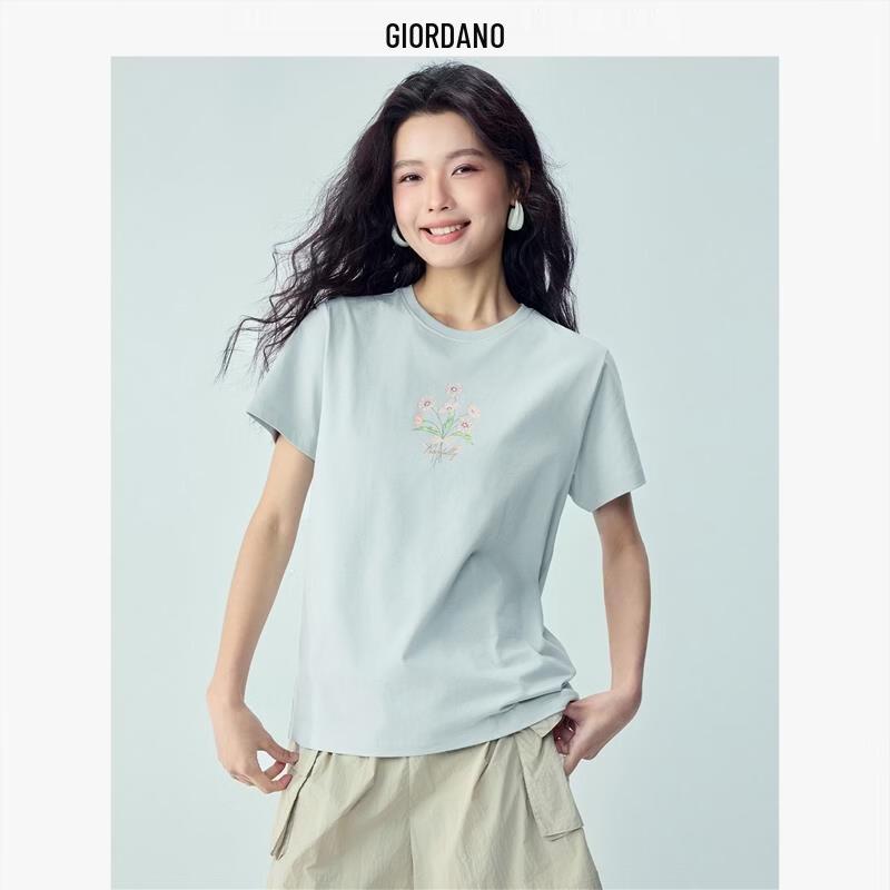GIORDANO Женская футболка с цветочным принтом и коротким рукавом