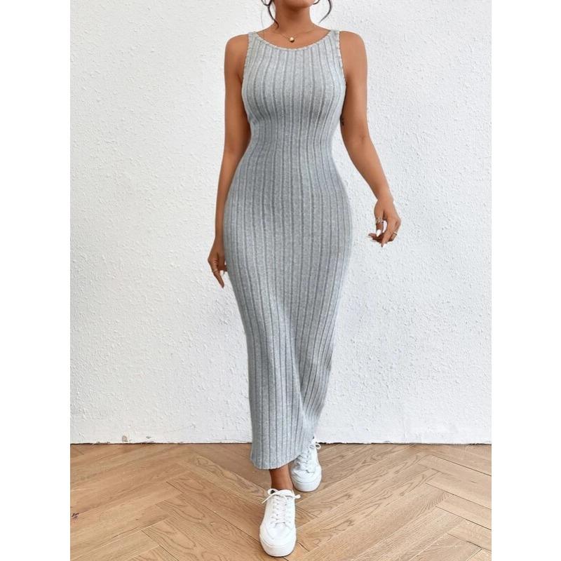 Весна-лето Длинное платье без рукавов с бретелью через шею Сексуальное трикотажное платье с поясом на бедрах
