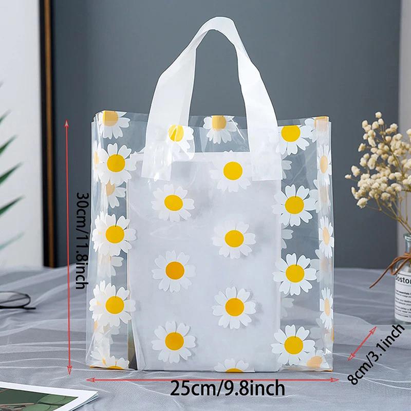 5/10Pcs Gift Bags Printed Daisy Transparent Tote Portable Bag Packing Shopping Casual Handbag Waterproof Bag