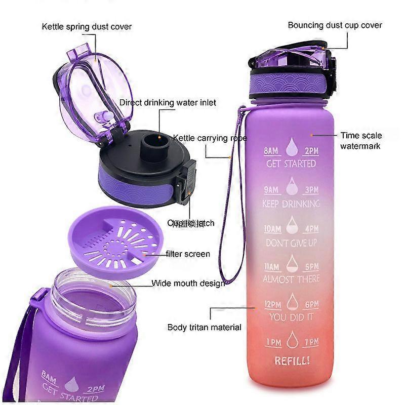 1L Water Bottle With Bounce Cover Time Scale Reminder Frosted Leakproof Cup For