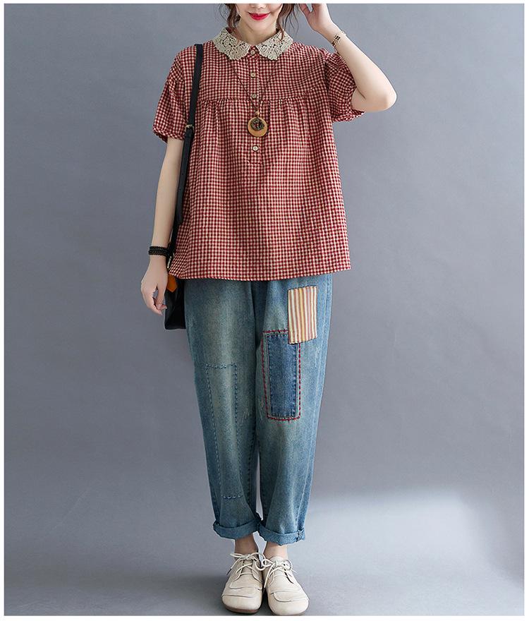 2021 Лето Большой размер Пэчворк Женская Хлопково-льняная Клетчатая Блузка с воротником Питер Пэн Приталенная С коротким рукавом