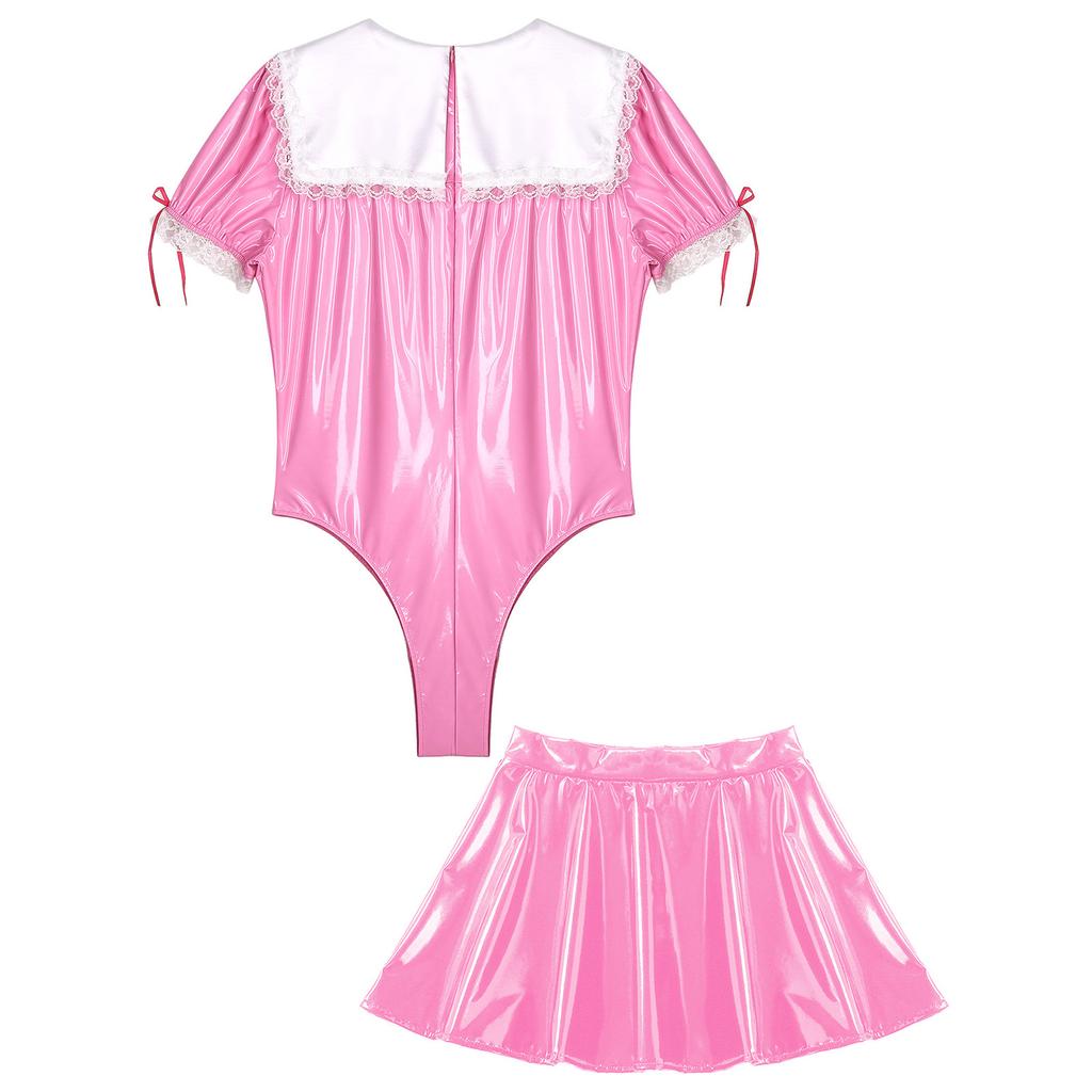 Мужской костюм для косплея Sissy Maid, глянцевый боди с кружевной отделкой, рукавами-фонариками и расклешенной юбкой, костюм для трансвестита
