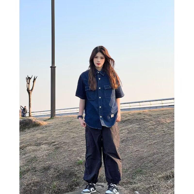 Японский ретро модный бренд летняя свободная джинсовая рубашка с короткими рукавами художественная молодежная рабочая рубашка мужская и женская многослойная куртка