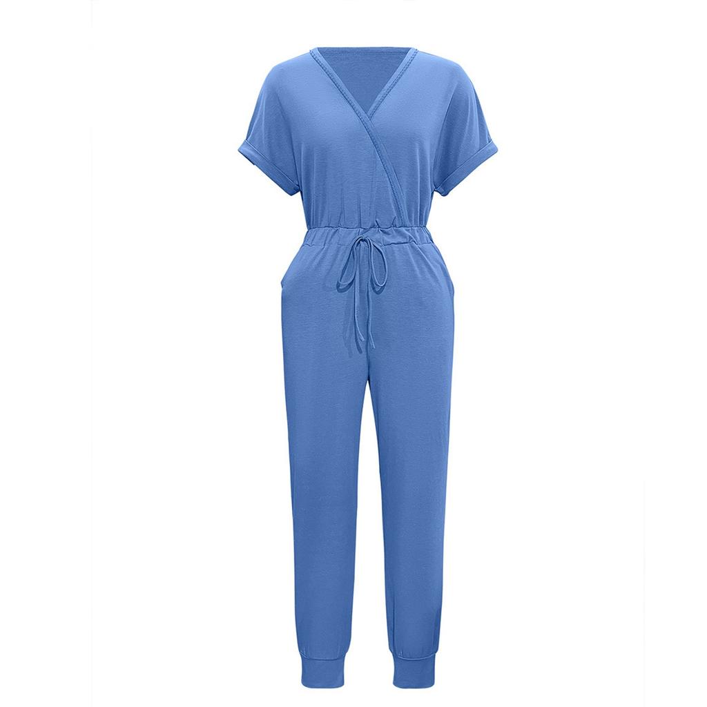 Women's Casual Short Sleeve V-Neck Intersection Jumpsuit