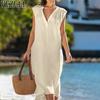 Женская мода лето весна однотонный принт без рукавов с v-образным вырезом свободная талия повседневные платья