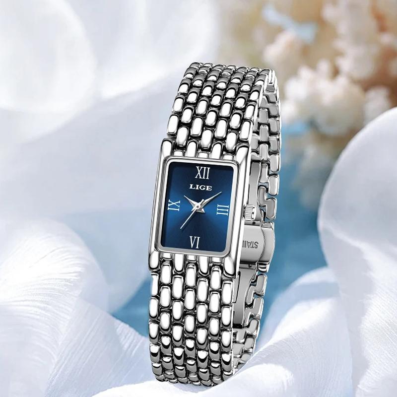 LIGE Silver Women Watch Square Lady Quartz Wristwatches Stainless Steel Roman Dial Gold Watch for Girl Valentine's Day Gift+Box