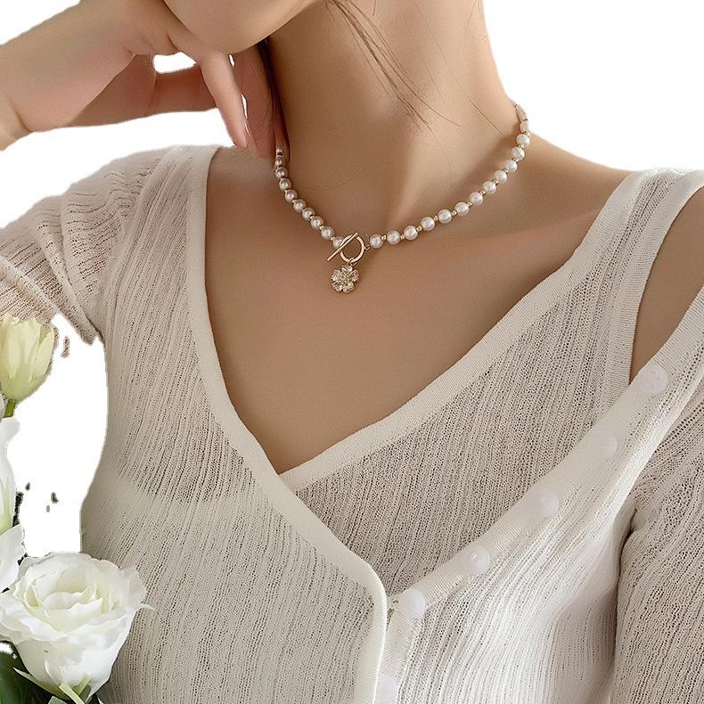 Zircon Flower Pearl Necklace Нишевый Дизайн 2025 Цепочка на Ключицы Летняя Универсальная Аксессуары с Застежкой OT