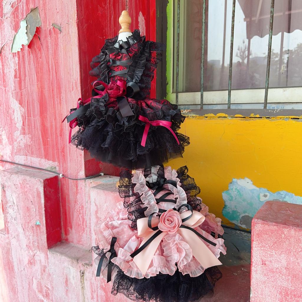 Black Pink Red RoseFlower Puppy Dog Clothing Fine High-end Luxury Pet Clothes Lace Long-Tail Princess Dress For Small Medium Dog