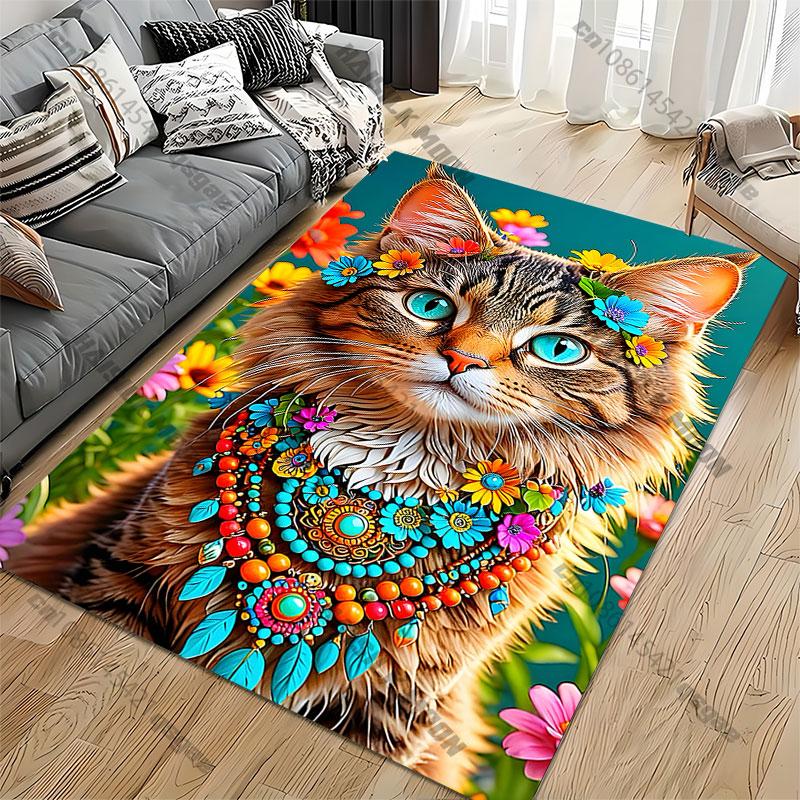 Colorful cat adorned with flowers carpet Yoga living room room decor children's crawling mat doormat area rug games mat