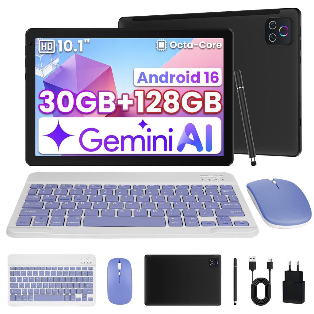 Планшет Android 16, 10,1 дюйма, 30 ГБ ОЗУ + 128 ГБ ПЗУ, Аккумулятор 5000 мАч, Планшет для развлечений