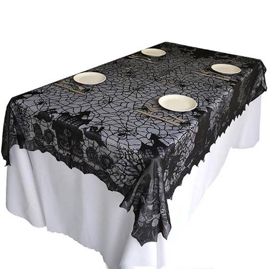 Halloween Tablecloth Decoration Black Lace Table Runner Round Spider Cobweb Table Cover Fireplace Mantel Scarf Lampshade Bat Wall Stickers for