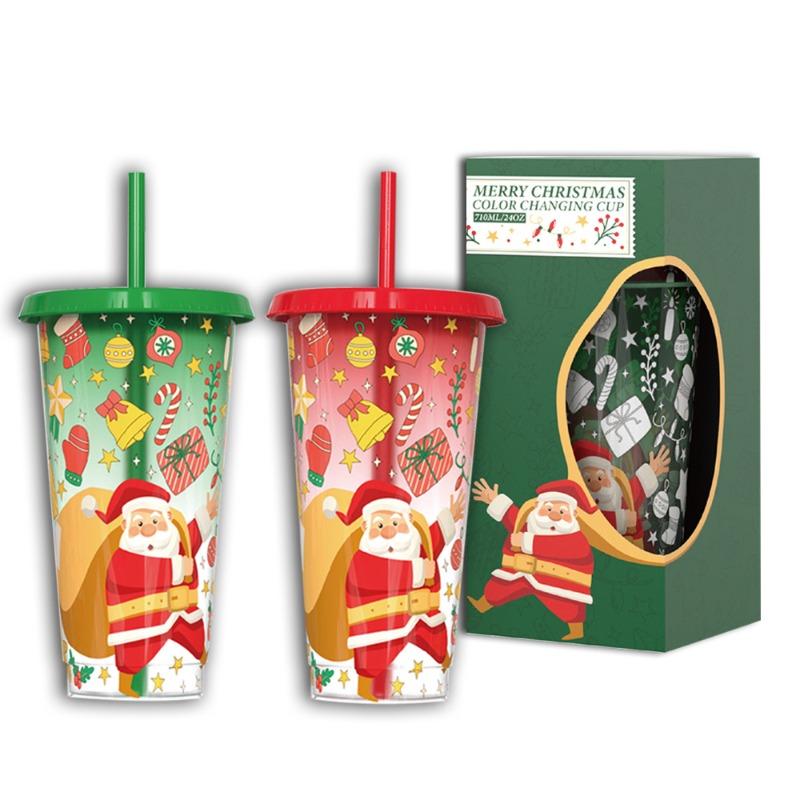 701-800ml Christmas Color Changing Straw Cup Santa Design Microwave Safe Reusable Plastic Large Capacity Set for All Seasons