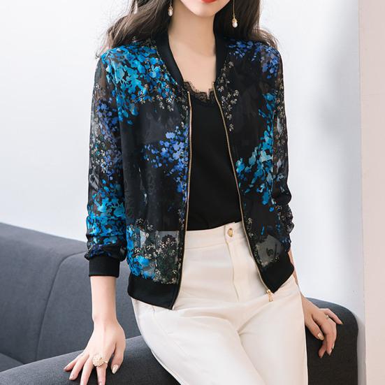 Женское бейсбольное пальто с принтом, защита от солнца, молния, тонкий воротник-стойка, солнцезащитный крем на молнии, цветные эластичные манжеты, женское пальто для дома