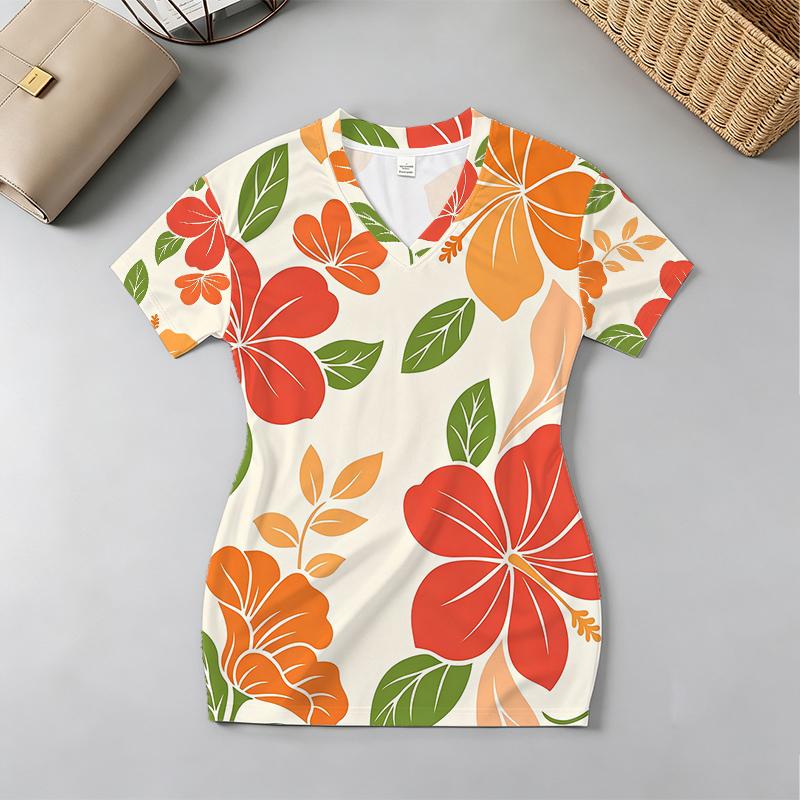 V-Neck Short Sleeve Floral Bodycon Mini Skirt Versatile Soft Sexy Comfy Casual Wear for Vacation,Daily Use & Shopping