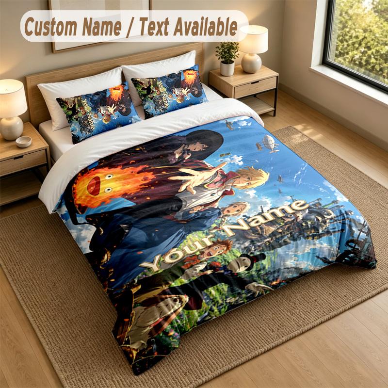 3Pcs Bedding Set Custom Name Text, 1 Sheet 2 Pillowcases Home Bed DecorHowl's Moving Castle