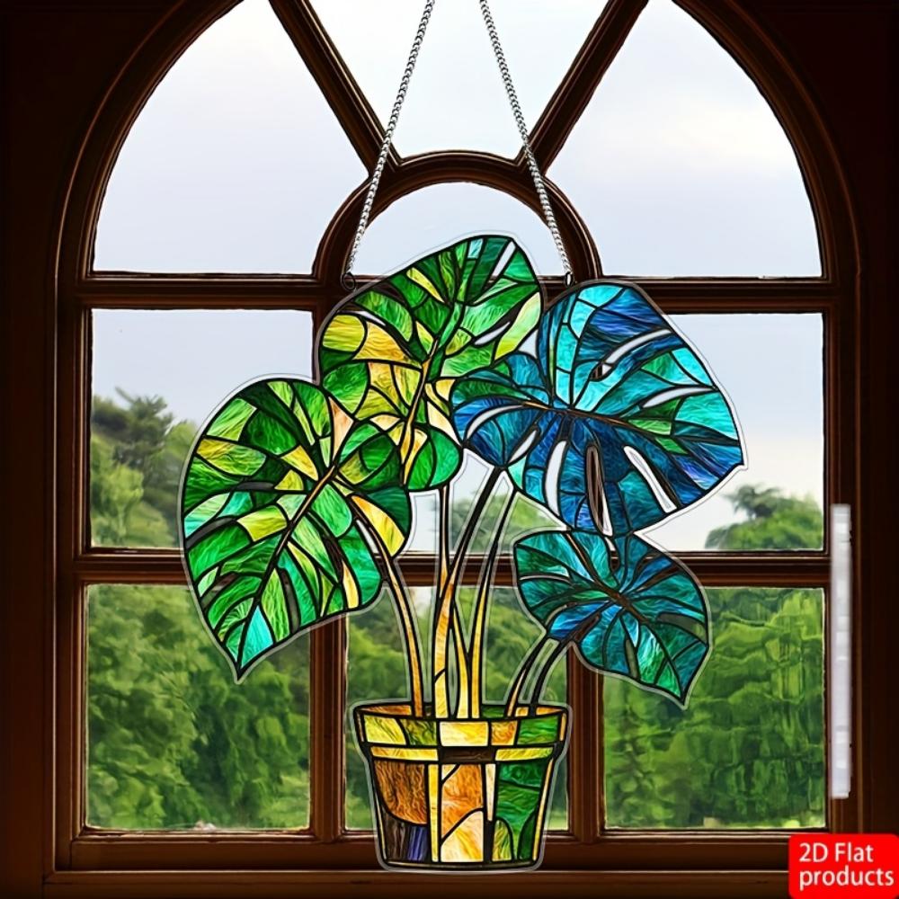 2D Planar Flowerpot Acrylic Light Catcher Pendant, Holiday Wreath Logo Window Decoration Door Wall Decoration Birthday Home and Room Decoration