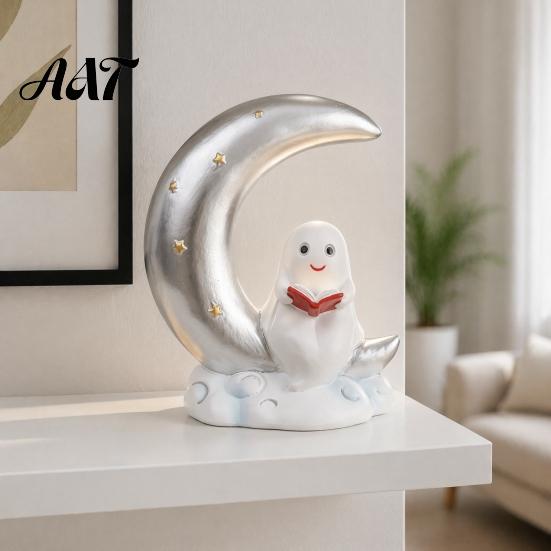 Fall Seasonal Decoration Cute Ghost Reading Book Ornament, Luminous Resin Figurine, Glowing Moon Night Light for Halloween Home Desktop Car Dashboard