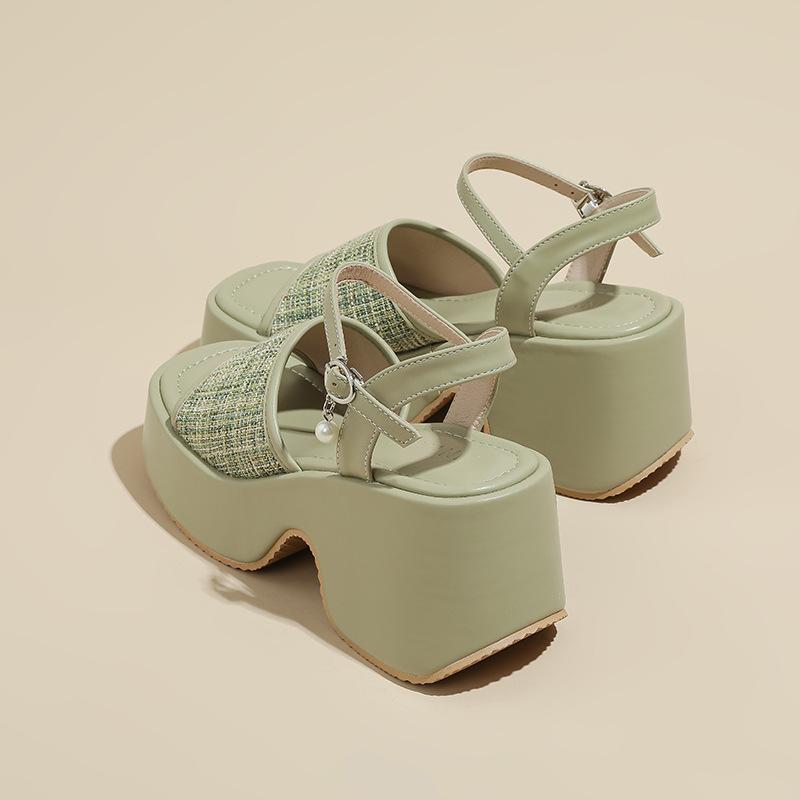 Platform sandals women's summer new slope heel waterproof table small man heightened 7CM one-word buckle open-toe strap Roman shoes