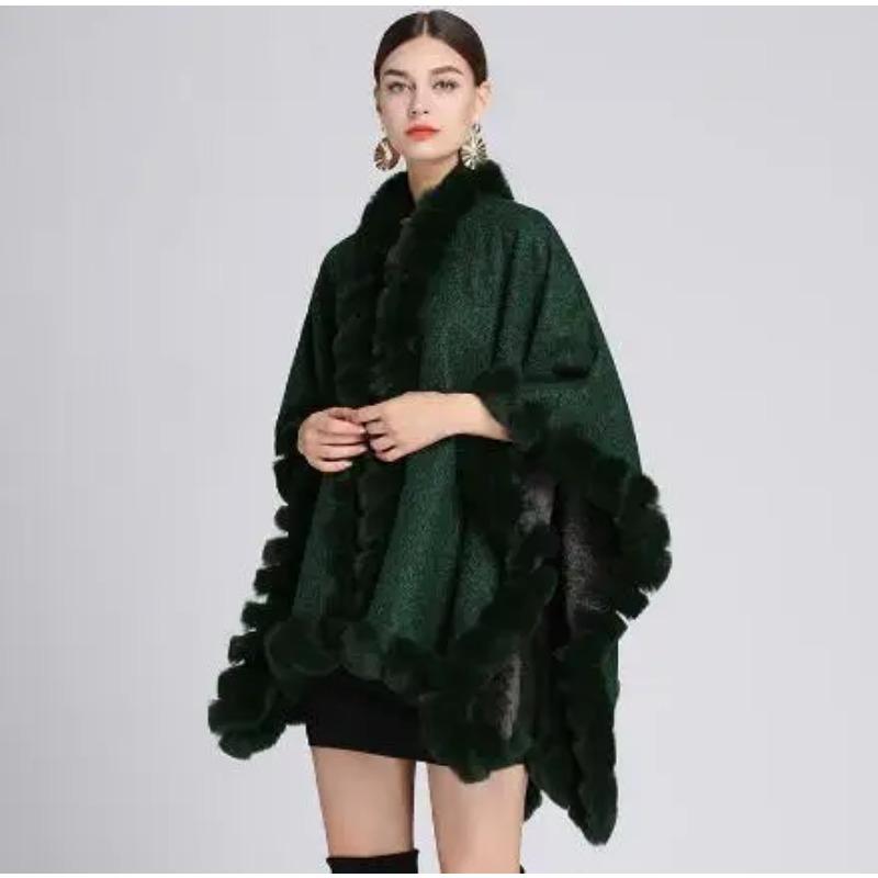 Lining Velvet Poncho Women Faux Rabbit Fur Collar Cape Big Pendulum Dovetail Cardigan Winter Cloak Knitted Warm Thick Coat
