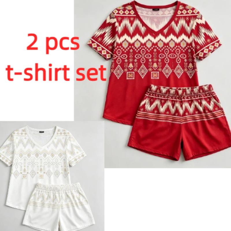 Summer Geometric Wavy Lines Pattern Printed V- Neck Short Sleeved T-Shirt And Shorts Set Women's and Men's T-shirt Shorts Set