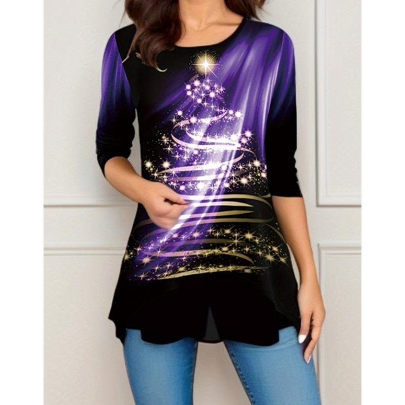 Женская мода повседневная весна осень рождественская принт длинный рукав блузки и рубашки с круглым вырезом