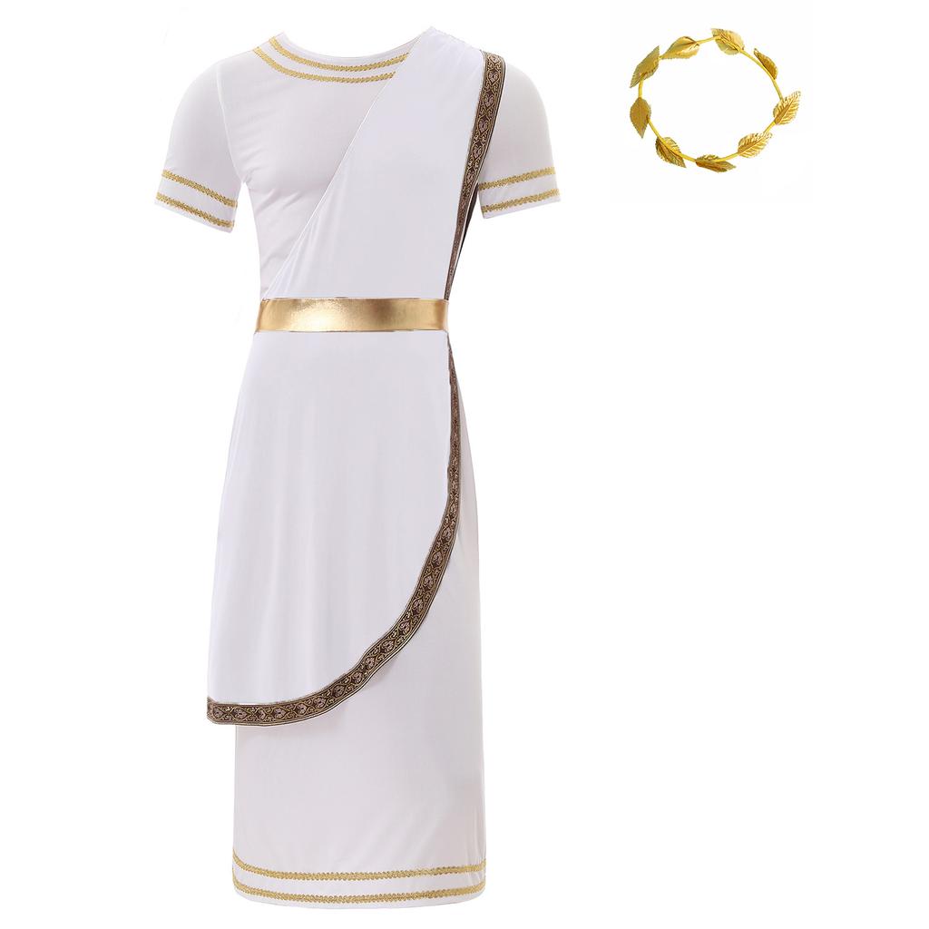 Mens Ancient Roman Toga Dress Up Costume Short Sleeve Gold Trim Design Cosplay Robe Artificial Leaf Headwear