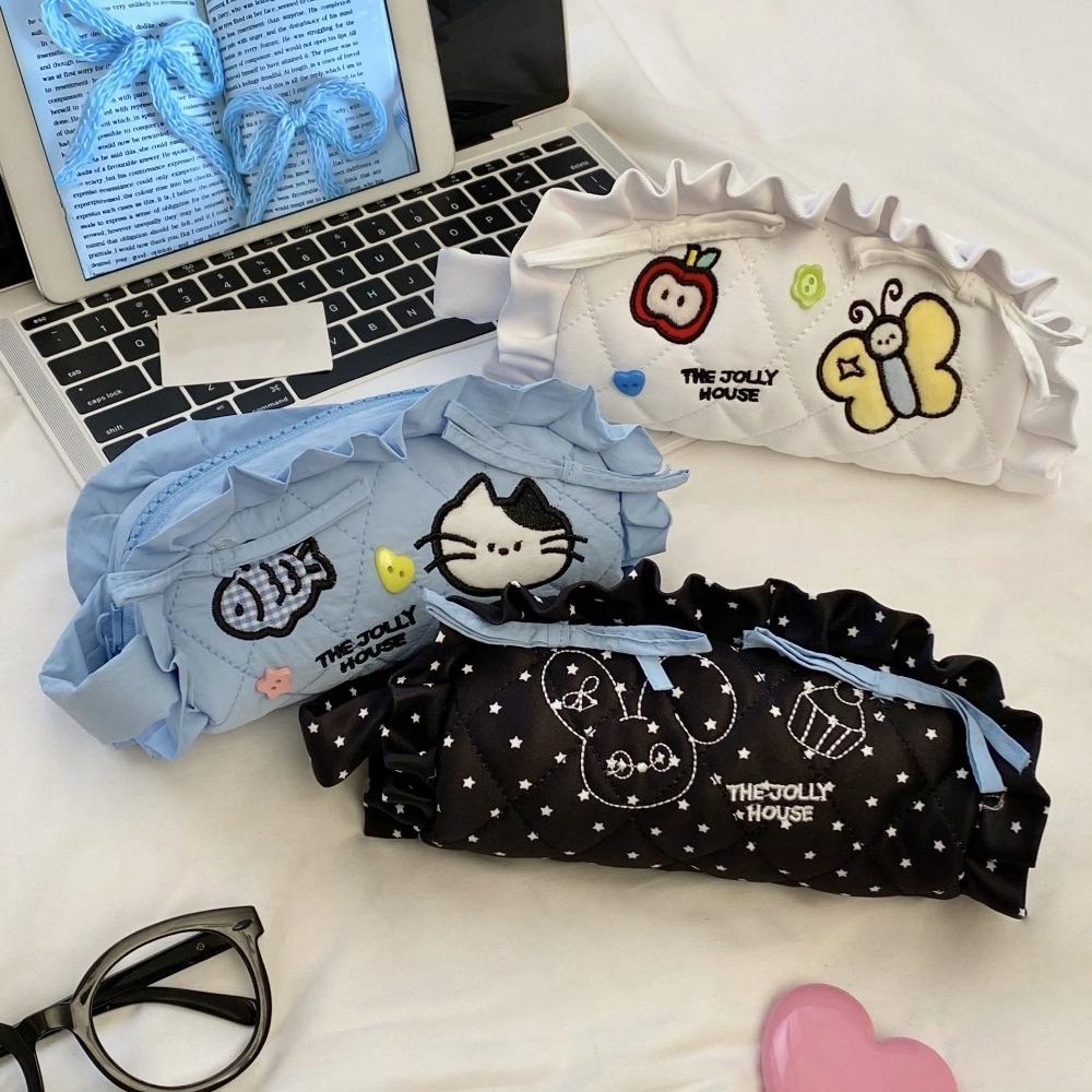 Large Capacity Cartoon Pencil Case Cat Bee Rabbit Cosmetics Storage Korean Pencil Bag Portable Cloth Ruffled
