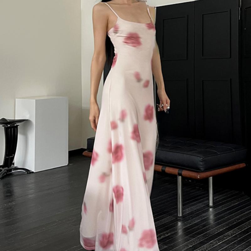 Fairycore Grunge Elegant Midi Dress Women Y2k Vintage Streetwear Spaghetti Strap High Waist Florals Printed Party Dress Female