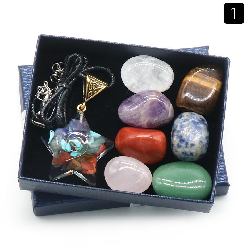 Rainbow Chip Stone Resin Moon Star Necklace 7pcs Irregular Boxed Set Chakra Healing Gemstone Yoga Jewelry
